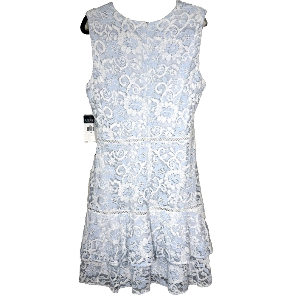NWT Lauren Ralph Lauren Roberta Dress Womens 16 Blue White Lace Tiered Floral